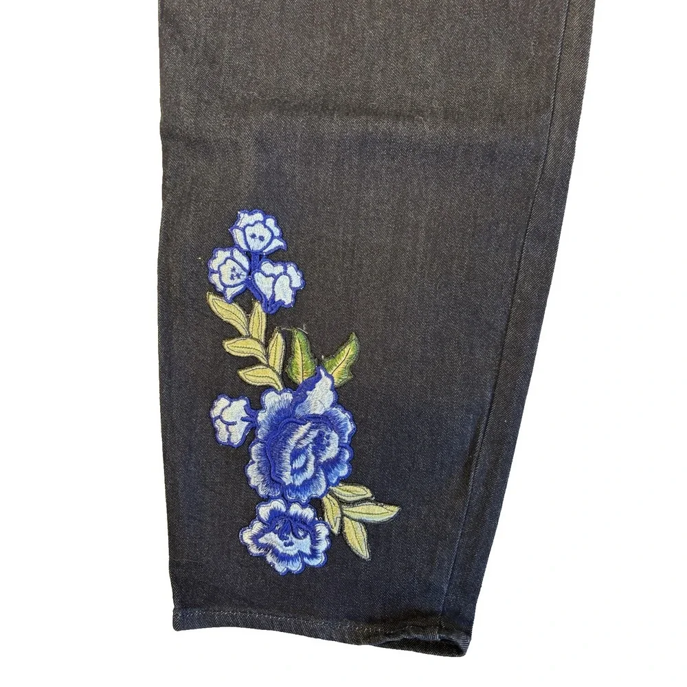 Susan Graver Jeans Women's 24W Dark Wash Pull On Ankle Embroidered Floral Boho